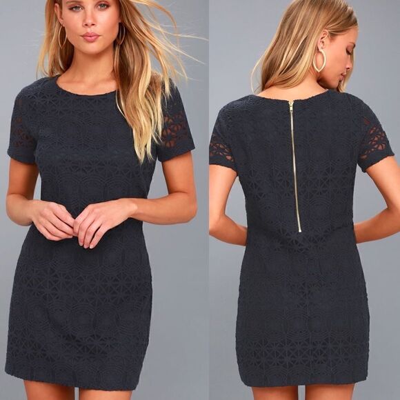 Lulu’s Love You For Eternity Navy Blue Lace Shift Dress size S - Picture 1 of 9